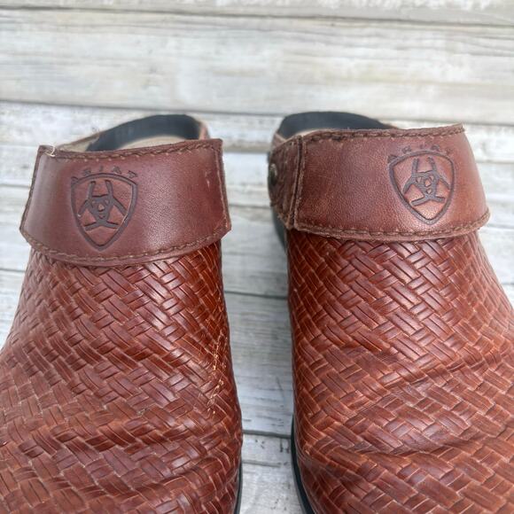 Ariat Shoes Sz 6 Mules Slingback Brown Woven Leather Western Chunky Cowgirl Boho - Picture 5 of 14
